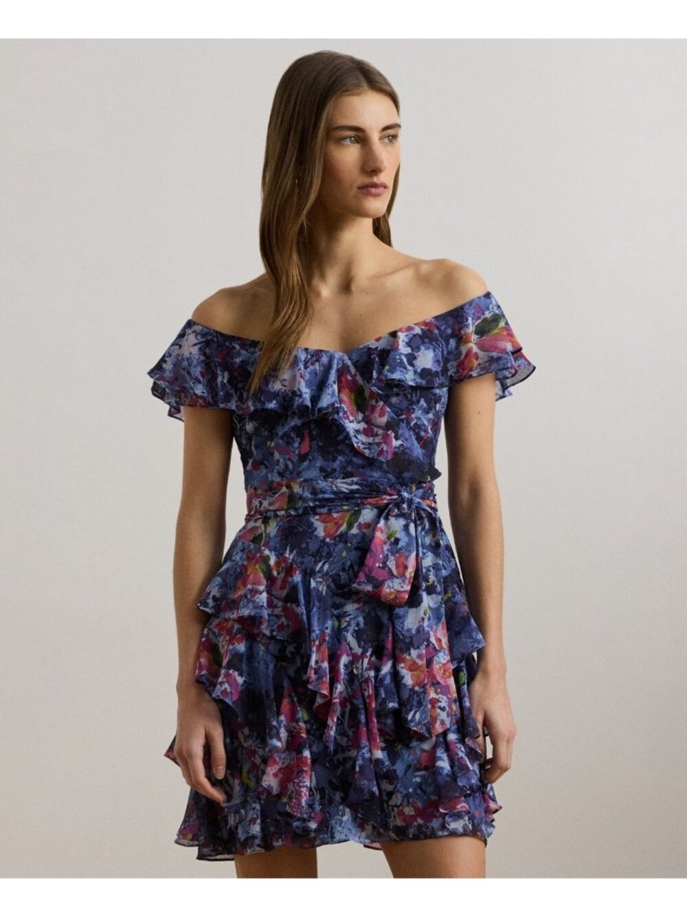 Lauren Ralph Lauren Print Off-the-Shoulder Cocktail Dress Blue Size 6 SALE $225